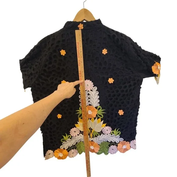 Vtg Queen Caro Of Honolulu Black Jacket Floral Embroidered Eyelet‎ Large Artsy - Picture 8 of 10